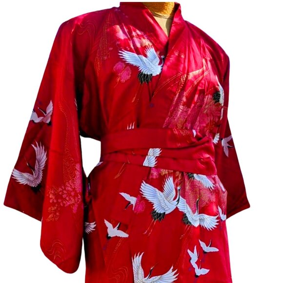 Vintage 60s Made in Japan Maruky Kyoto RED PINK 100% Cotton Kimono Crane Design